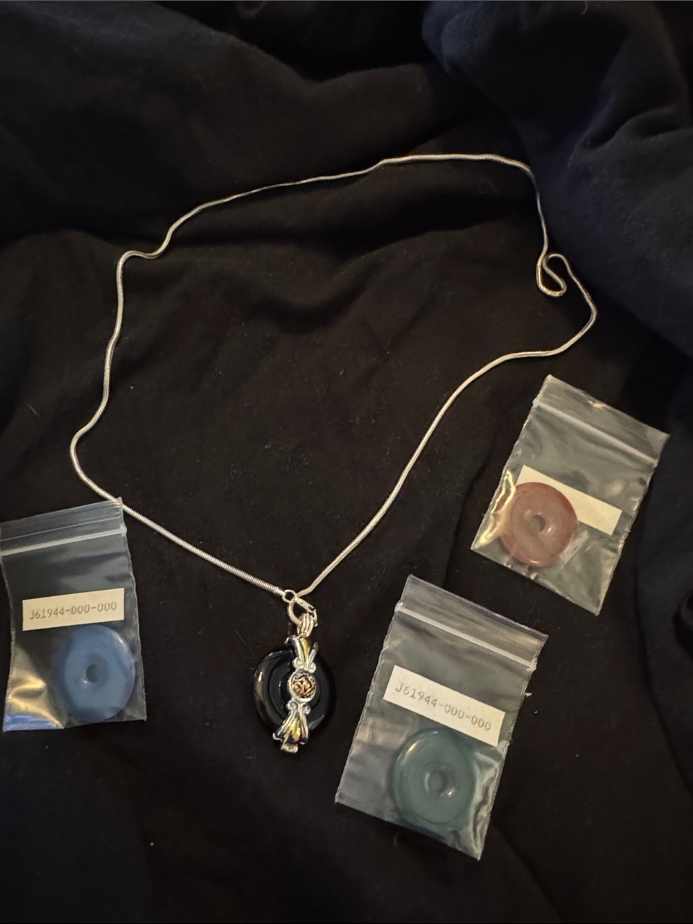 Silver Chain Necklace with Black Pendant and Interchangeable Discs